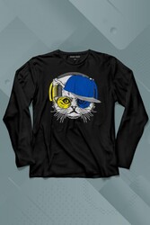 Cat Glasses Gözlüklü Sarı Lacivert Kedi Uzun Kollu Tişört Baskılı T-Shirt - Thumbnail