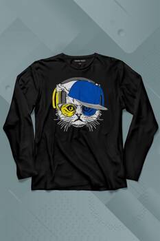 Cat Glasses Gözlüklü Sarı Lacivert Kedi Uzun Kollu Tişört Baskılı T-Shirt