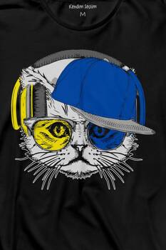 Cat Glasses Gözlüklü Sarı Lacivert Kedi Uzun Kollu Tişört Baskılı T-Shirt