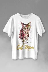 Cat Mom Kedi Mother Annesi Sevimli Masum Rengarenk Kedi Çizim Silüeti Baskılı Tişört Unisex T-shirt - Thumbnail