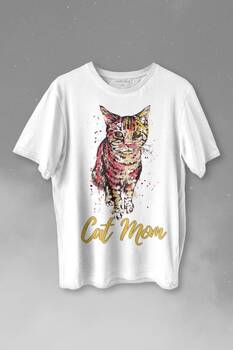 Cat Mom Kedi Mother Annesi Sevimli Masum Rengarenk Kedi Çizim Silüeti Baskılı Tişört Unisex T-shirt