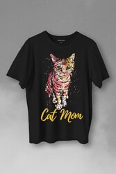 Cat Mom Kedi Mother Annesi Sevimli Masum Rengarenk Kedi Çizim Silüeti Baskılı Tişört Unisex T-Shirt - Thumbnail