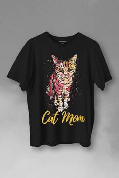 Cat Mom Kedi Mother Annesi Sevimli Masum Rengarenk Kedi Çizim Silüeti Baskılı Tişört Unisex T-Shirt