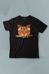 Cat Sushi Japanese Vintage Sokak Baskılı Siyah T-shirt Çocuk Tişört - Thumbnail