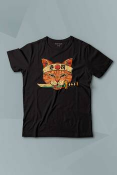 Cat Sushi Japanese Vintage Sokak Baskılı Siyah T-shirt Çocuk Tişört