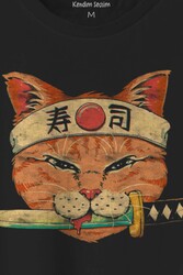 Cat Sushi Japanese Vintage Sokak Baskılı Siyah T-shirt Unisex Tişört - Thumbnail