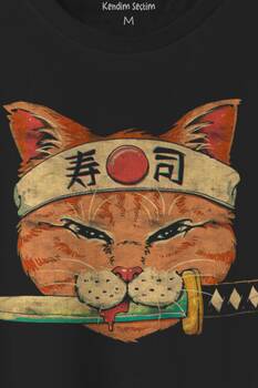 Cat Sushi Japanese Vintage Sokak Baskılı Siyah T-shirt Unisex Tişört