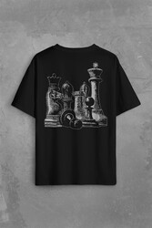 Chess Satranç Taşları Fil At Kale Vezir Santranç Sırt Ön Baskılı Oversize Tişört Unisex T-Shirt - Thumbnail