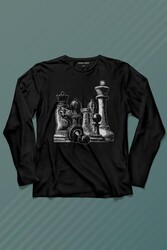 Chess Satranç Taşları Fil At Kale Vezir Santranç Uzun Kollu Tişört Baskılı T-Shirt - Thumbnail