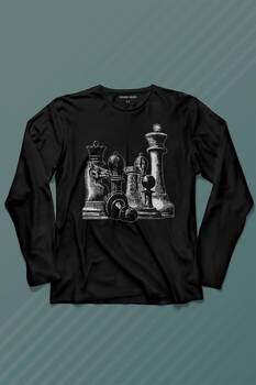 Chess Satranç Taşları Fil At Kale Vezir Santranç Uzun Kollu Tişört Baskılı T-Shirt