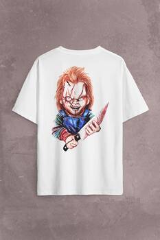 Chucky Charles Lee Ray Oyuncak Bebek Bıçak Sırt Ön Baskılı Oversize Tişört Unisex T-Shirt