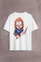 Chucky Charles Lee Ray Oyuncak Bebek Bıçak Sırt Ön Baskılı Oversize Tişört Unisex T-Shirt - Thumbnail