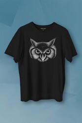 Çizgisel Baykuş Kafası Silüeti Owl Baskılı Tişört Unisex T-shirt - Thumbnail