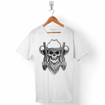 COWBOY SKULL HOLD GUNS OUTLAW KOVBOY KURU KAFA ERKEK TİŞÖRT