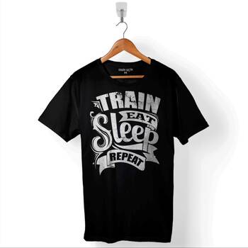 Eat Sleep Train Repeat Yemek Uyku Tren Yolculuk Baskılı Tişört Unisex T-Shirt