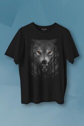 Gece Vahşi Ormada Bozkurt Bordo Maviz Gözlü Kurt Wolf Gri Baskılı Tişört Unisex T-shirt - Thumbnail