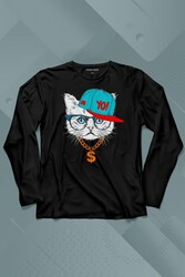 Gözlüklü Kedi Cat Glasses Yo Momy Dolar Uzun Kollu Tişört Baskılı T-Shirt - Thumbnail