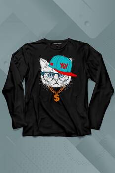 Gözlüklü Kedi Cat Glasses Yo Momy Dolar Uzun Kollu Tişört Baskılı T-Shirt