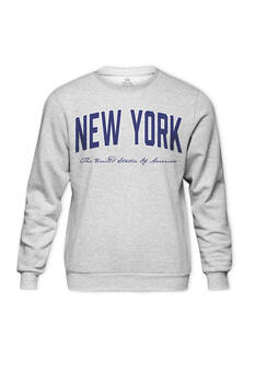 Gri Renk Bisiklet Yaka Sweatshirt New York Yazı Baskılı Sweet