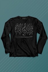 Halk Müziği Bağlama Sol Anahtarı Müzik Notası Enstrüman Uzun Kollu Tişört Baskılı T-Shirt - Thumbnail