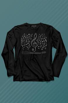 Halk Müziği Bağlama Sol Anahtarı Müzik Notası Enstrüman Uzun Kollu Tişört Baskılı T-Shirt