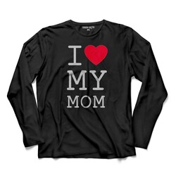 Siyah Uzun Kollu Tişört I Love My Mom Anneler Doğum Günü Hediye Baskılı T-shirt - Thumbnail