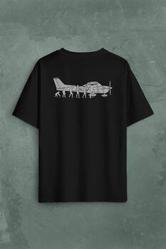 İnsan Maymun Evrim Cessna Uçak Tayyare Sırt Ön Baskılı Oversize Tişört Unisex T-Shirt