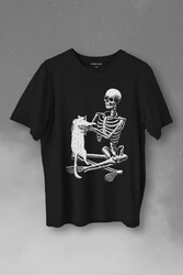 İskelet Ölünceye Kadar Kedi Seveceğim Skeleton Cat Love Baskılı Tişört Unisex T-Shirt - Thumbnail