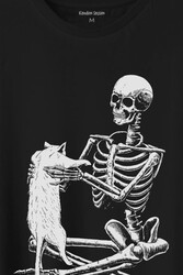 İskelet Ölünceye Kadar Kedi Seveceğim Skeleton Cat Love Baskılı Tişört Unisex T-Shirt - Thumbnail