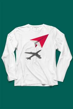 Kağıt Uçak Hayaller Hayatlar Fly Pilot Uzun Kollu Tişört Baskılı T-Shirt