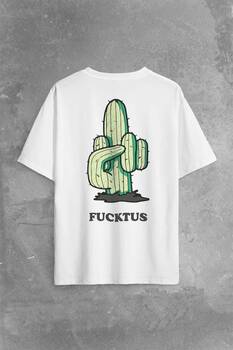 Kaktüs Orta Parmak Fucktus Sırt Ön Baskılı Oversize Tişört Unisex T-Shirt