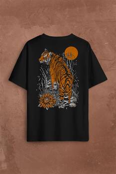 Kaplan Ay Dolunay Moon Tiger Sırt Ön Baskılı Oversize Tişört Unisex T-Shirt