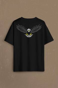 Black Oversize T-shirt Kara Kartal Eagle Tasarım Sırt Ön Baskılı Tişört Unisex T-Shirt