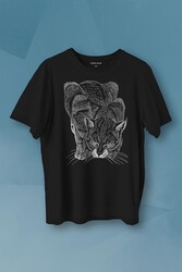 Kara Kedi Silüet Çizim Black Cat Bıyıklı Baskılı Tişört Unisex T-shirt - Thumbnail