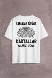 White Oversize T-shirt Eagle Kartallar Yalnız Uçar Sırt Ön Baskılı Tişört Unisex T-Shirt - Thumbnail