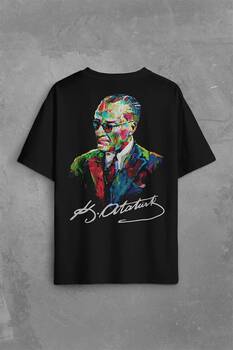 Karizma Gözlüklü Gazi Mustafa Kemal Atatürk Portresi Sırt Ön Baskılı Oversize Tişört Unisex T-Shirt