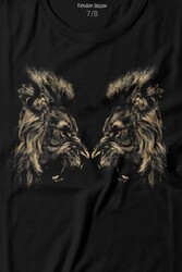 Karşılıklı Kükreyen Aslan Kafaları Lion Head Baskılı Tişört Çocuk T-shirt - Thumbnail