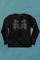 Karşılıklı Kükreyen Aslan Kafaları Lion Head Uzun Kollu Tişört Baskılı T-Shirt - Thumbnail