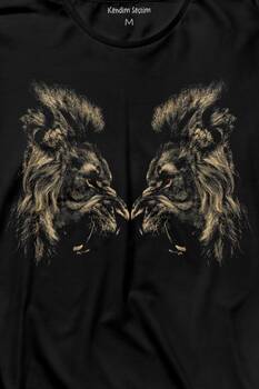 Karşılıklı Kükreyen Aslan Kafaları Lion Head Uzun Kollu Tişört Baskılı T-Shirt