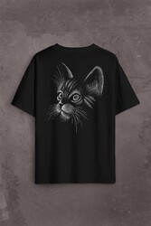 Kedi Silüeti Black Cat Çizim Sırt Ön Baskılı Oversize Tişört Unisex T-Shirt - Thumbnail