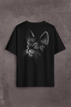 Kedi Silüeti Black Cat Çizim Sırt Ön Baskılı Oversize Tişört Unisex T-Shirt