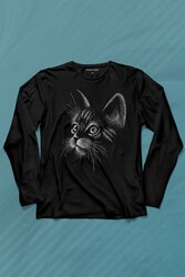 Kedi Silüeti Black Cat Çizim Uzun Kollu Tişört Baskılı T-Shirt - Thumbnail