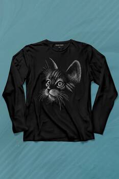 Kedi Silüeti Black Cat Çizim Uzun Kollu Tişört Baskılı T-Shirt