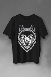 Kırmızı Gözlü Vahşi Kurt Kafası Wolf Head Bozkurt Baskılı Tişört Unisex T-Shirt - Thumbnail