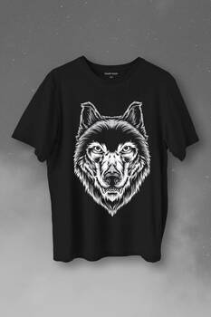 Kırmızı Gözlü Vahşi Kurt Kafası Wolf Head Bozkurt Baskılı Tişört Unisex T-Shirt