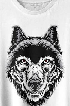 Kırmızı Gözlü Vahşi Kurt Kafası Wolf Head Bozkurt Baskılı Tişört Unisex T-shirt