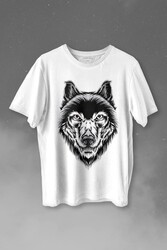 Kırmızı Gözlü Vahşi Kurt Kafası Wolf Head Bozkurt Baskılı Tişört Unisex T-shirt - Thumbnail