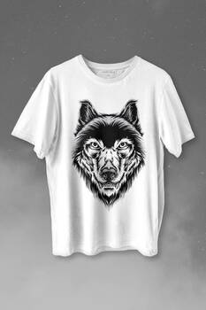 Kırmızı Gözlü Vahşi Kurt Kafası Wolf Head Bozkurt Baskılı Tişört Unisex T-shirt