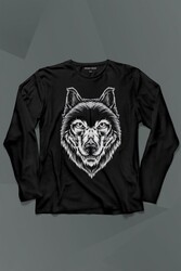 Kırmızı Gözlü Vahşi Kurt Kafası Wolf Head Bozkurt Uzun Kollu Tişört Baskılı T-Shirt - Thumbnail