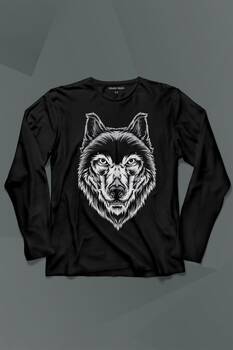 Kırmızı Gözlü Vahşi Kurt Kafası Wolf Head Bozkurt Uzun Kollu Tişört Baskılı T-Shirt